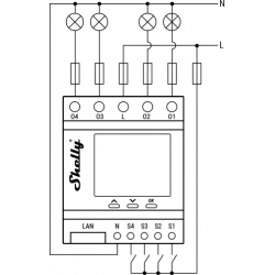 Shelly PRO 4PM V2 ShellyPro4PM quad quadruple relais Wi-Fi MQTT CoIoT Ethernet RJ45 pour Domotique tableau rail DIN schematic