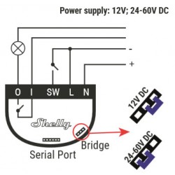 Shelly1 relais WIFI pour Domotique I/O alimenté en courant continu 12Vcc ou 24Vcc à 60Vcc.